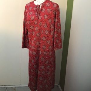 Vintage 70s Volup Tie Front Bright Red Navy Boho Paisley Long Sleeve Midi Dress